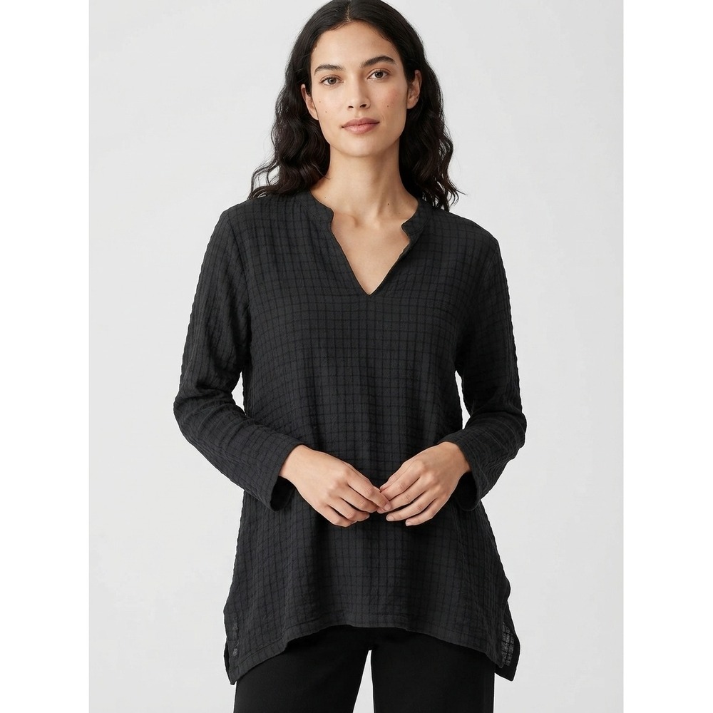 Eileen Fisher Organic Cotton Grid Tunic Top Long Sleeve V-Neck Black Extra Large